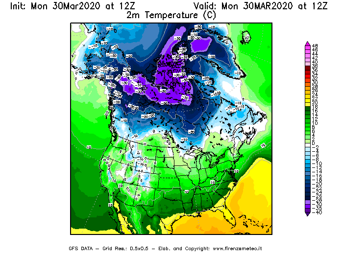 Mappa di analisi GFS - Temperatura a 2 metri dal suolo [°C] in Nord-America
							del 30/03/2020 12 <!--googleoff: index-->UTC<!--googleon: index-->
