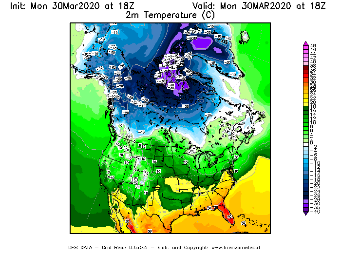 Mappa di analisi GFS - Temperatura a 2 metri dal suolo [°C] in Nord-America
							del 30/03/2020 18 <!--googleoff: index-->UTC<!--googleon: index-->