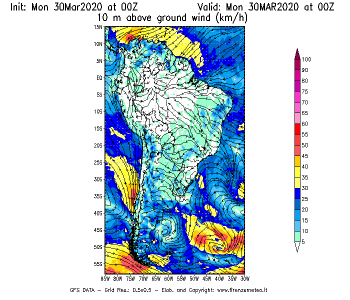Mappa di analisi GFS - Velocità del vento a 10 metri dal suolo [km/h] in Sud-America
							del 30/03/2020 00 <!--googleoff: index-->UTC<!--googleon: index-->