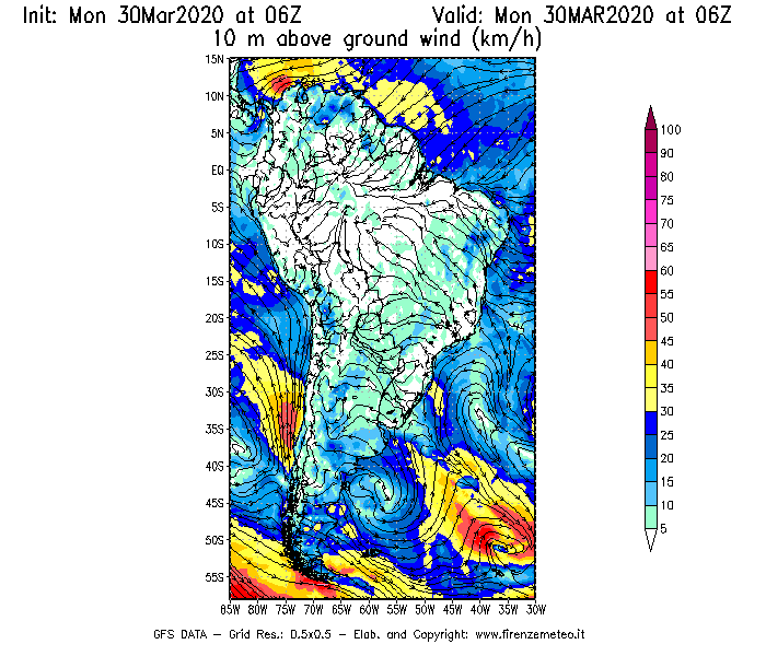 Mappa di analisi GFS - Velocità del vento a 10 metri dal suolo [km/h] in Sud-America
							del 30/03/2020 06 <!--googleoff: index-->UTC<!--googleon: index-->