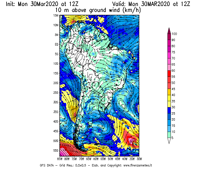 Mappa di analisi GFS - Velocità del vento a 10 metri dal suolo [km/h] in Sud-America
							del 30/03/2020 12 <!--googleoff: index-->UTC<!--googleon: index-->