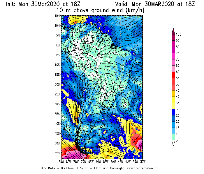 Mappa di analisi GFS - Velocità del vento a 10 metri dal suolo [km/h] in Sud-America
							del 30/03/2020 18 <!--googleoff: index-->UTC<!--googleon: index-->