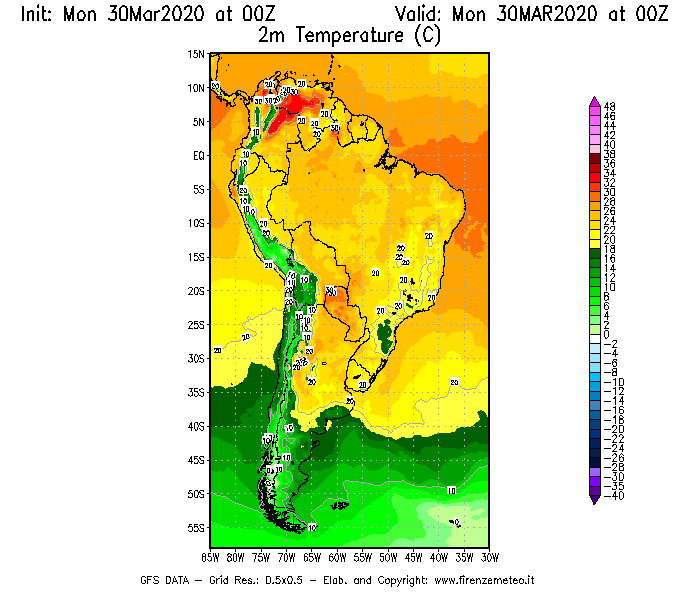 Mappa di analisi GFS - Temperatura a 2 metri dal suolo [°C] in Sud-America
							del 30/03/2020 00 <!--googleoff: index-->UTC<!--googleon: index-->
