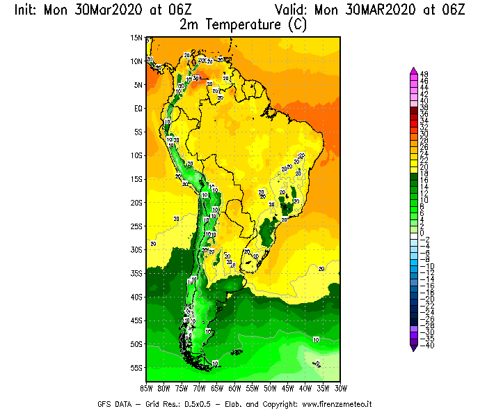 Mappa di analisi GFS - Temperatura a 2 metri dal suolo [°C] in Sud-America
							del 30/03/2020 06 <!--googleoff: index-->UTC<!--googleon: index-->