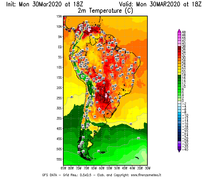 Mappa di analisi GFS - Temperatura a 2 metri dal suolo [°C] in Sud-America
							del 30/03/2020 18 <!--googleoff: index-->UTC<!--googleon: index-->