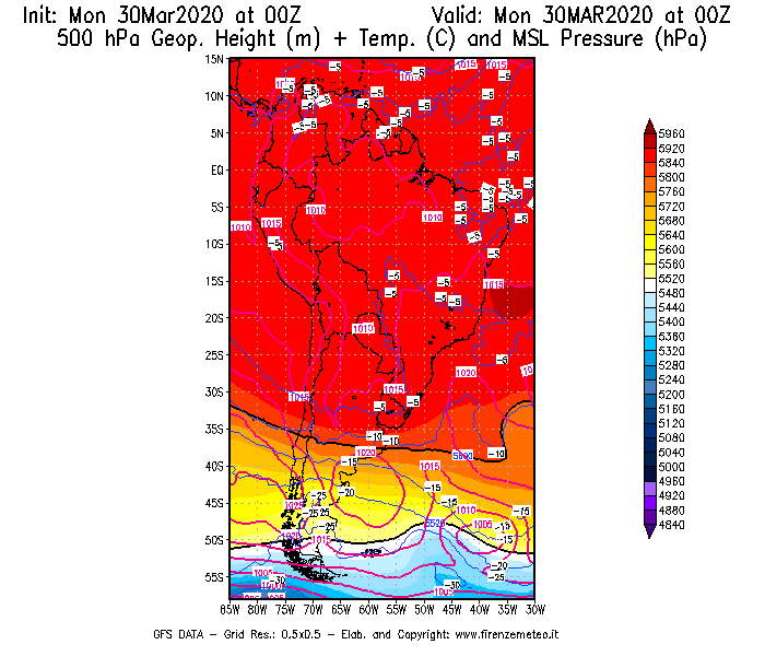 Mappa di analisi GFS - Geopotenziale [m] + Temp. [°C] a 500 hPa + Press. a livello del mare [hPa] in Sud-America
							del 30/03/2020 00 <!--googleoff: index-->UTC<!--googleon: index-->