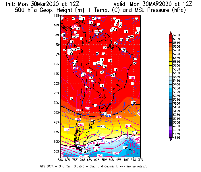 Mappa di analisi GFS - Geopotenziale [m] + Temp. [°C] a 500 hPa + Press. a livello del mare [hPa] in Sud-America
							del 30/03/2020 12 <!--googleoff: index-->UTC<!--googleon: index-->