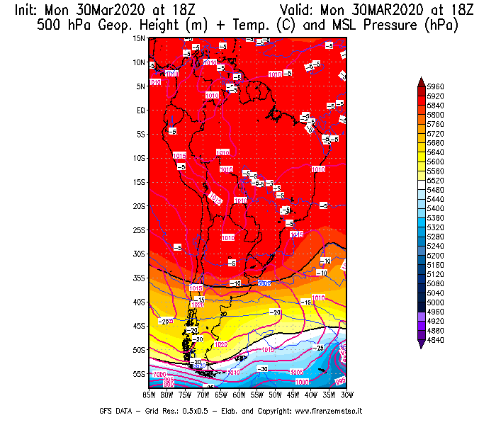 Mappa di analisi GFS - Geopotenziale [m] + Temp. [°C] a 500 hPa + Press. a livello del mare [hPa] in Sud-America
							del 30/03/2020 18 <!--googleoff: index-->UTC<!--googleon: index-->
