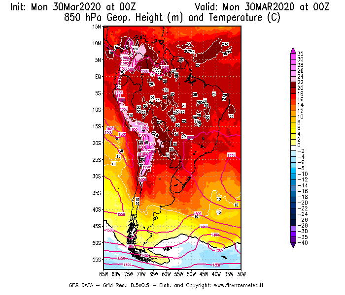 Mappa di analisi GFS - Geopotenziale [m] e Temperatura [°C] a 850 hPa in Sud-America
							del 30/03/2020 00 <!--googleoff: index-->UTC<!--googleon: index-->