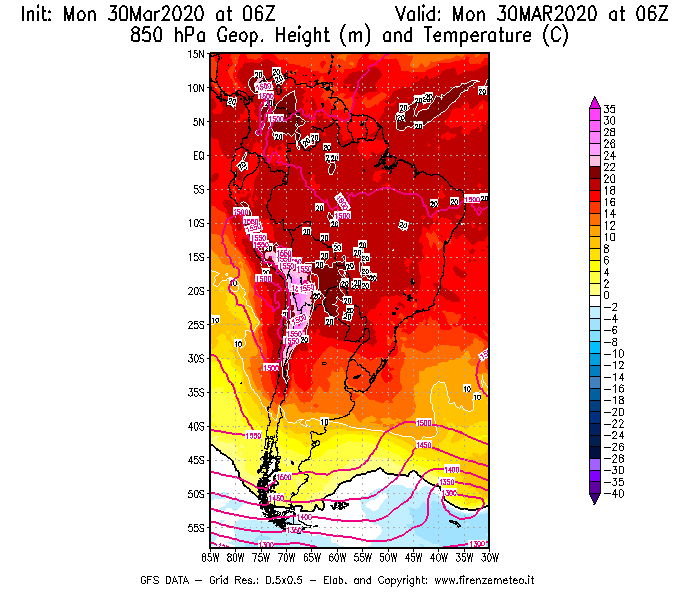 Mappa di analisi GFS - Geopotenziale [m] e Temperatura [°C] a 850 hPa in Sud-America
							del 30/03/2020 06 <!--googleoff: index-->UTC<!--googleon: index-->