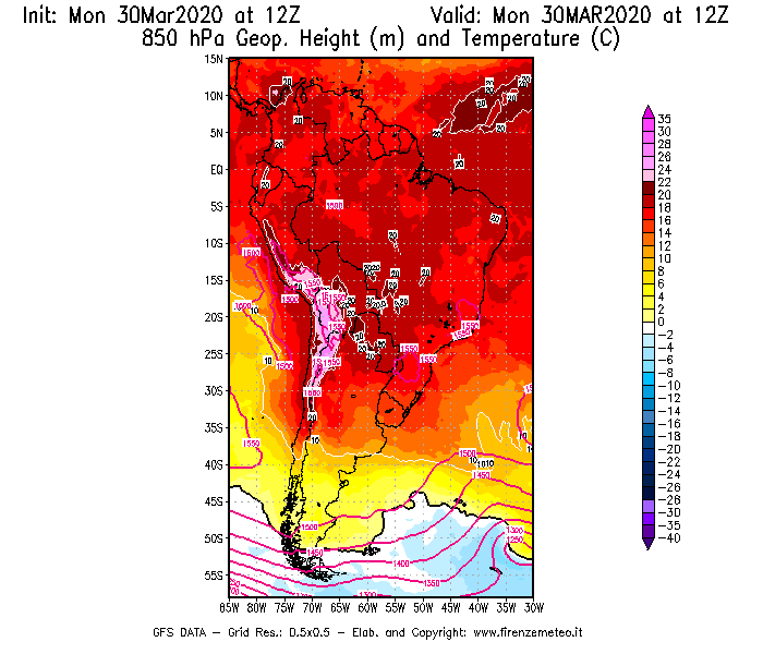 Mappa di analisi GFS - Geopotenziale [m] e Temperatura [°C] a 850 hPa in Sud-America
							del 30/03/2020 12 <!--googleoff: index-->UTC<!--googleon: index-->