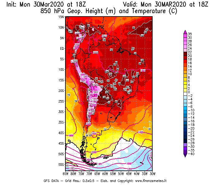 Mappa di analisi GFS - Geopotenziale [m] e Temperatura [°C] a 850 hPa in Sud-America
							del 30/03/2020 18 <!--googleoff: index-->UTC<!--googleon: index-->