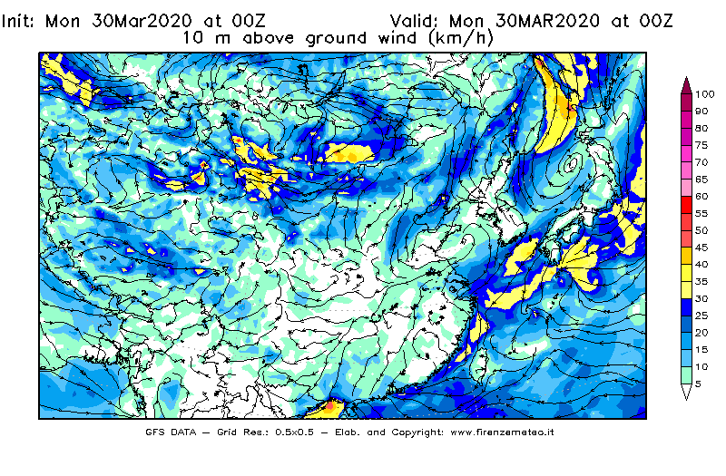 Mappa di analisi GFS - Velocità del vento a 10 metri dal suolo [km/h] in Asia Orientale
							del 30/03/2020 00 <!--googleoff: index-->UTC<!--googleon: index-->