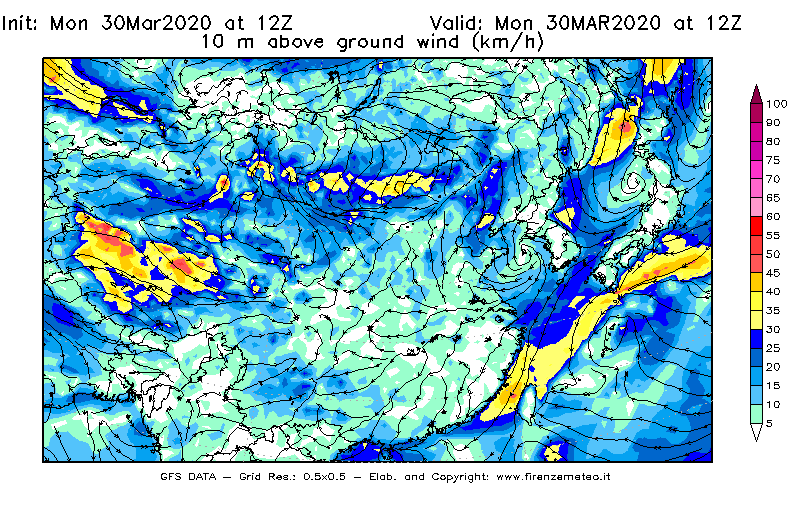 Mappa di analisi GFS - Velocità del vento a 10 metri dal suolo [km/h] in Asia Orientale
							del 30/03/2020 12 <!--googleoff: index-->UTC<!--googleon: index-->