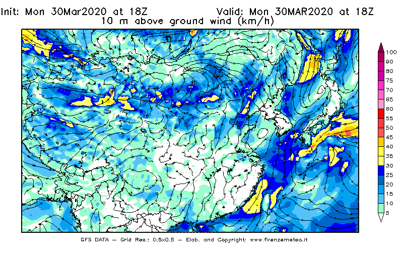 Mappa di analisi GFS - Velocità del vento a 10 metri dal suolo [km/h] in Asia Orientale
							del 30/03/2020 18 <!--googleoff: index-->UTC<!--googleon: index-->