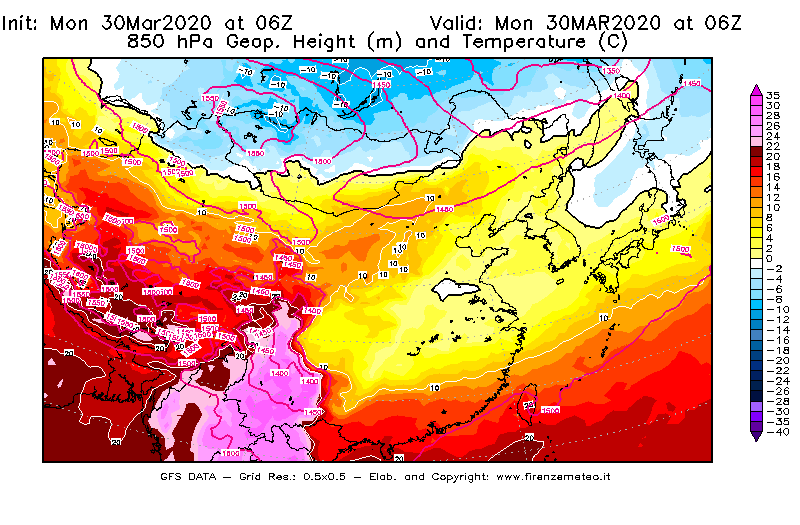 Mappa di analisi GFS - Geopotenziale [m] e Temperatura [°C] a 850 hPa in Asia Orientale
							del 30/03/2020 06 <!--googleoff: index-->UTC<!--googleon: index-->