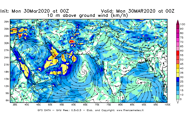Mappa di analisi GFS - Velocità del vento a 10 metri dal suolo [km/h] in Asia Sud-Occidentale
							del 30/03/2020 00 <!--googleoff: index-->UTC<!--googleon: index-->