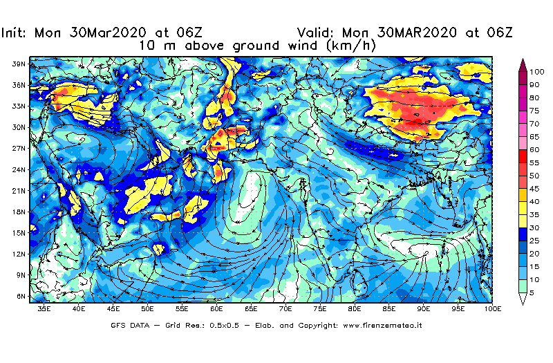 Mappa di analisi GFS - Velocità del vento a 10 metri dal suolo [km/h] in Asia Sud-Occidentale
							del 30/03/2020 06 <!--googleoff: index-->UTC<!--googleon: index-->