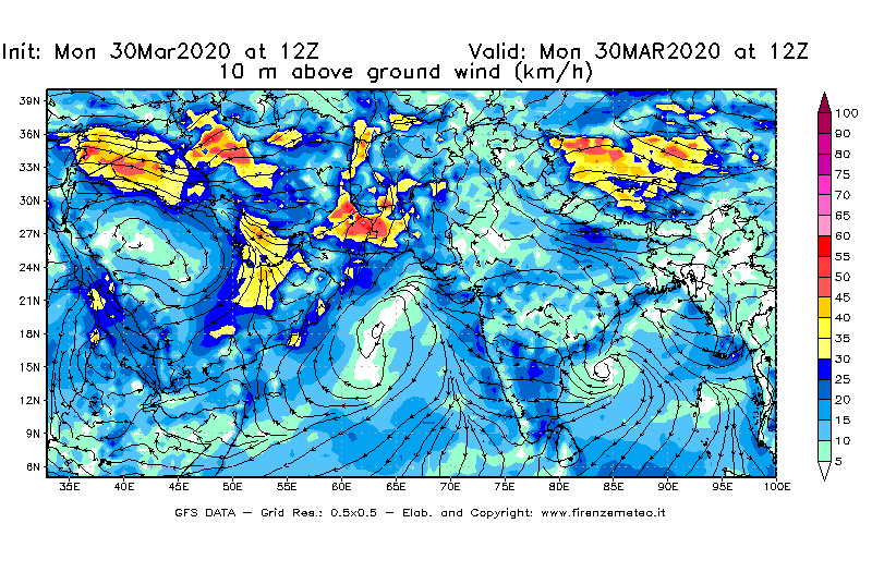 Mappa di analisi GFS - Velocità del vento a 10 metri dal suolo [km/h] in Asia Sud-Occidentale
							del 30/03/2020 12 <!--googleoff: index-->UTC<!--googleon: index-->