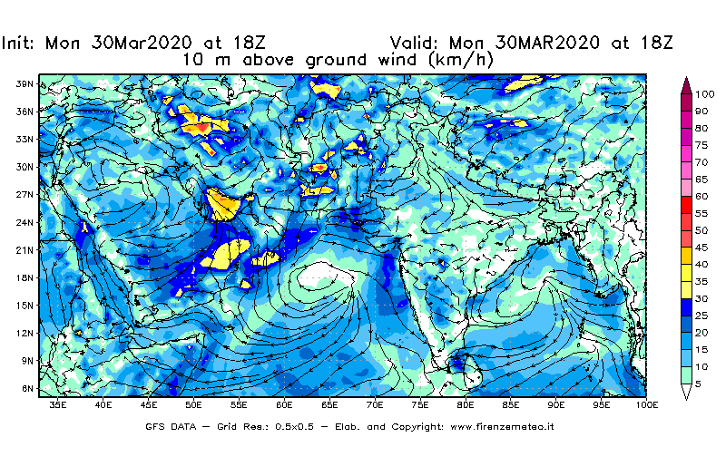 Mappa di analisi GFS - Velocità del vento a 10 metri dal suolo [km/h] in Asia Sud-Occidentale
							del 30/03/2020 18 <!--googleoff: index-->UTC<!--googleon: index-->