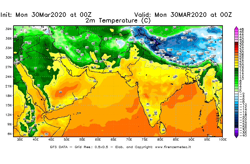 Mappa di analisi GFS - Temperatura a 2 metri dal suolo [°C] in Asia Sud-Occidentale
							del 30/03/2020 00 <!--googleoff: index-->UTC<!--googleon: index-->