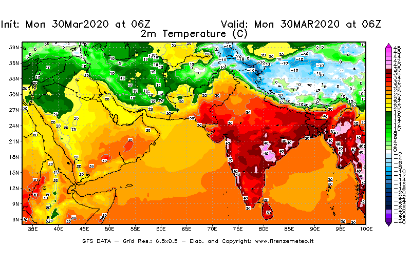 Mappa di analisi GFS - Temperatura a 2 metri dal suolo [°C] in Asia Sud-Occidentale
							del 30/03/2020 06 <!--googleoff: index-->UTC<!--googleon: index-->