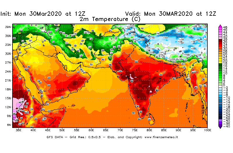 Mappa di analisi GFS - Temperatura a 2 metri dal suolo [°C] in Asia Sud-Occidentale
							del 30/03/2020 12 <!--googleoff: index-->UTC<!--googleon: index-->