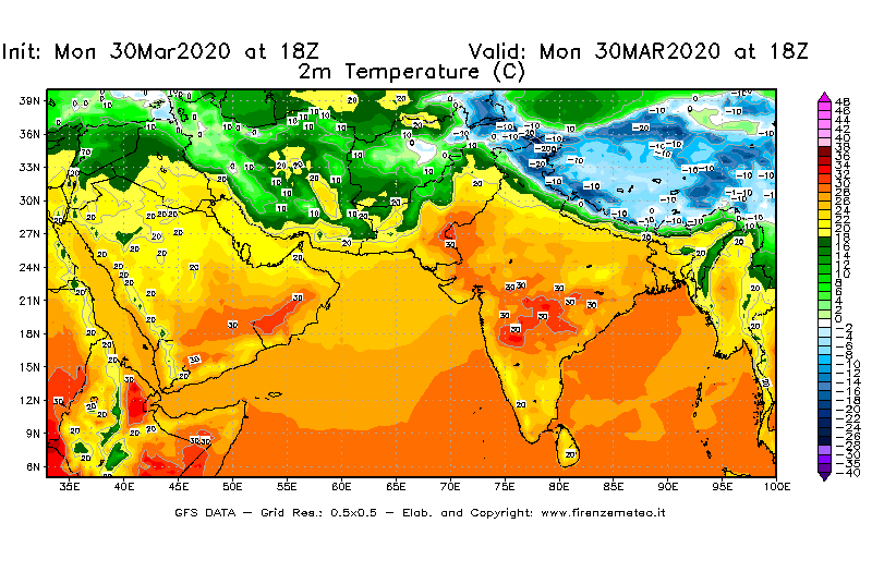 Mappa di analisi GFS - Temperatura a 2 metri dal suolo [°C] in Asia Sud-Occidentale
							del 30/03/2020 18 <!--googleoff: index-->UTC<!--googleon: index-->