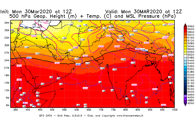 Mappa di analisi GFS - Geopotenziale [m] + Temp. [°C] a 500 hPa + Press. a livello del mare [hPa] in Asia Sud-Occidentale
							del 30/03/2020 12 <!--googleoff: index-->UTC<!--googleon: index-->