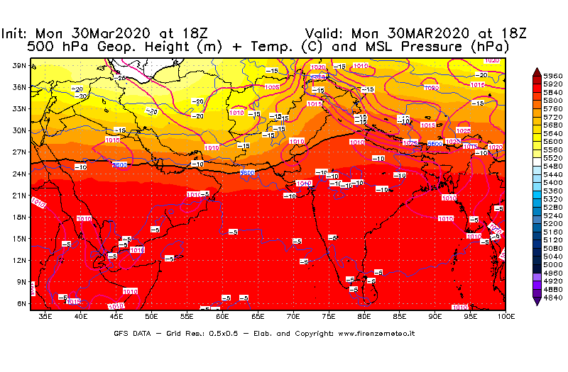 Mappa di analisi GFS - Geopotenziale [m] + Temp. [°C] a 500 hPa + Press. a livello del mare [hPa] in Asia Sud-Occidentale
							del 30/03/2020 18 <!--googleoff: index-->UTC<!--googleon: index-->