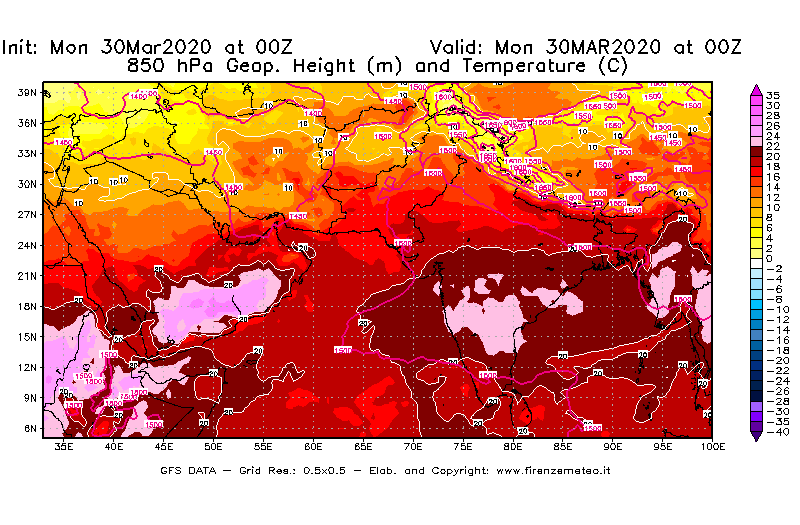 Mappa di analisi GFS - Geopotenziale [m] e Temperatura [°C] a 850 hPa in Asia Sud-Occidentale
							del 30/03/2020 00 <!--googleoff: index-->UTC<!--googleon: index-->