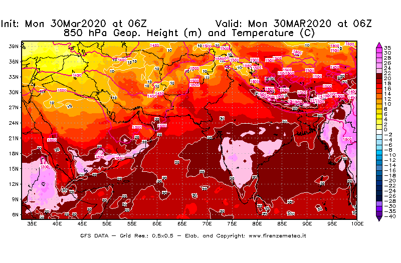 Mappa di analisi GFS - Geopotenziale [m] e Temperatura [°C] a 850 hPa in Asia Sud-Occidentale
							del 30/03/2020 06 <!--googleoff: index-->UTC<!--googleon: index-->