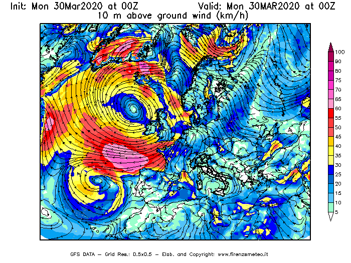 Mappa di analisi GFS - Velocità del vento a 10 metri dal suolo [km/h] in Europa
							del 30/03/2020 00 <!--googleoff: index-->UTC<!--googleon: index-->