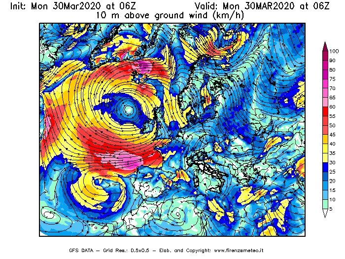 Mappa di analisi GFS - Velocità del vento a 10 metri dal suolo [km/h] in Europa
							del 30/03/2020 06 <!--googleoff: index-->UTC<!--googleon: index-->
