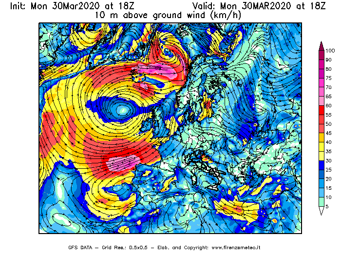 Mappa di analisi GFS - Velocità del vento a 10 metri dal suolo [km/h] in Europa
							del 30/03/2020 18 <!--googleoff: index-->UTC<!--googleon: index-->