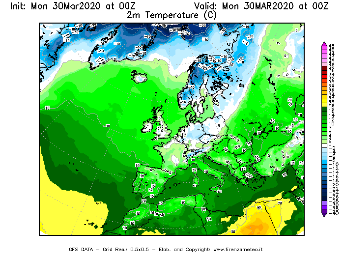 Mappa di analisi GFS - Temperatura a 2 metri dal suolo [°C] in Europa
							del 30/03/2020 00 <!--googleoff: index-->UTC<!--googleon: index-->