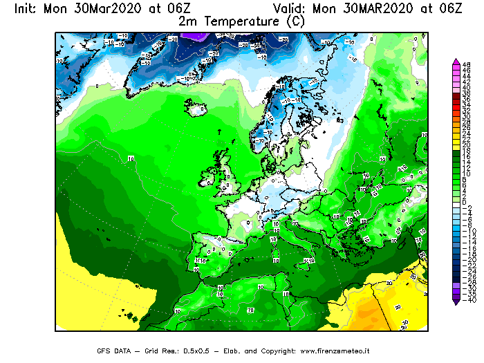 Mappa di analisi GFS - Temperatura a 2 metri dal suolo [°C] in Europa
							del 30/03/2020 06 <!--googleoff: index-->UTC<!--googleon: index-->