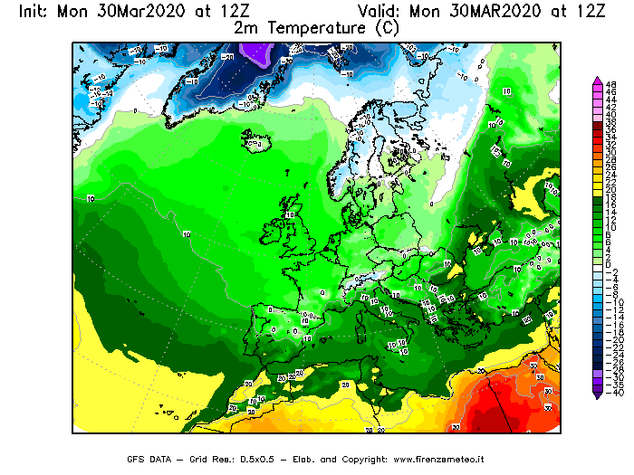 Mappa di analisi GFS - Temperatura a 2 metri dal suolo [°C] in Europa
							del 30/03/2020 12 <!--googleoff: index-->UTC<!--googleon: index-->