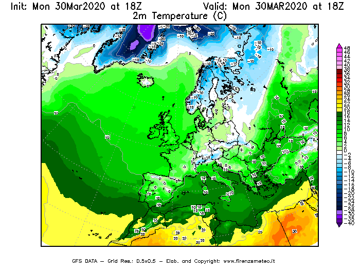 Mappa di analisi GFS - Temperatura a 2 metri dal suolo [°C] in Europa
							del 30/03/2020 18 <!--googleoff: index-->UTC<!--googleon: index-->