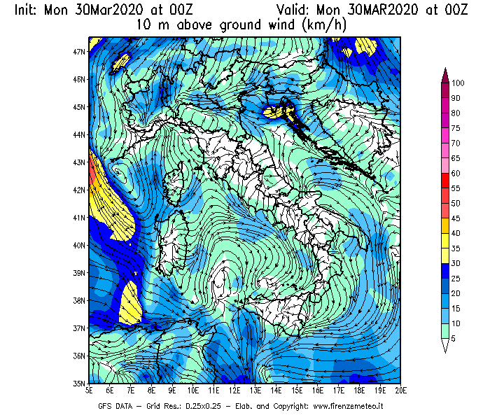 Mappa di analisi GFS - Velocità del vento a 10 metri dal suolo [km/h] in Italia
							del 30/03/2020 00 <!--googleoff: index-->UTC<!--googleon: index-->
