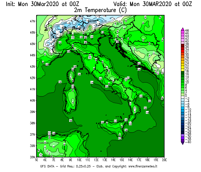 Mappa di analisi GFS - Temperatura a 2 metri dal suolo [°C] in Italia
							del 30/03/2020 00 <!--googleoff: index-->UTC<!--googleon: index-->