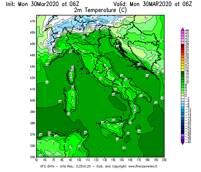 Mappa di analisi GFS - Temperatura a 2 metri dal suolo [°C] in Italia
							del 30/03/2020 06 <!--googleoff: index-->UTC<!--googleon: index-->