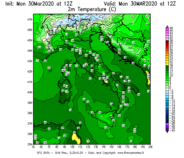 Mappa di analisi GFS - Temperatura a 2 metri dal suolo [°C] in Italia
							del 30/03/2020 12 <!--googleoff: index-->UTC<!--googleon: index-->