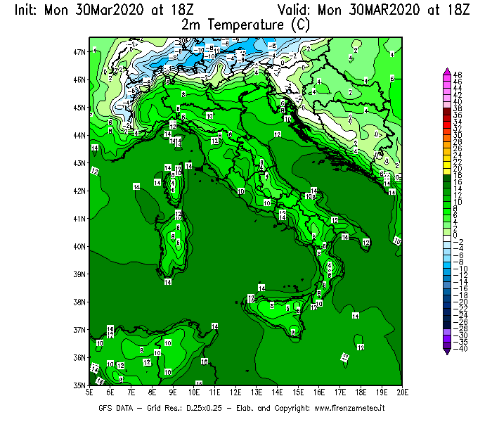 Mappa di analisi GFS - Temperatura a 2 metri dal suolo [°C] in Italia
							del 30/03/2020 18 <!--googleoff: index-->UTC<!--googleon: index-->