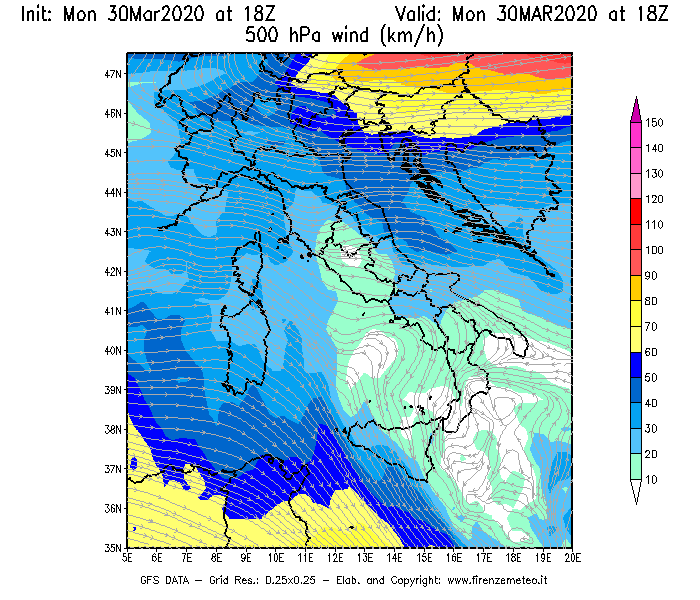 Mappa di analisi GFS - Velocità del vento a 500 hPa [km/h] in Italia
							del 30/03/2020 18 <!--googleoff: index-->UTC<!--googleon: index-->