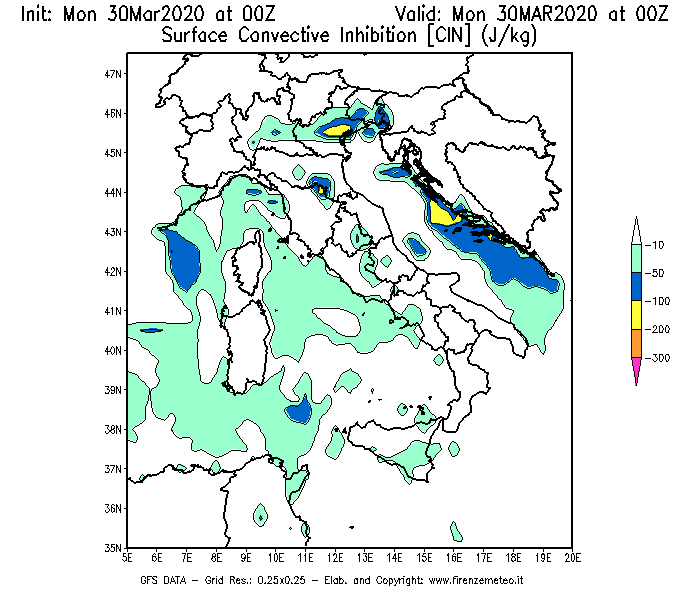 Mappa di analisi GFS - CIN [J/kg] in Italia
							del 30/03/2020 00 <!--googleoff: index-->UTC<!--googleon: index-->