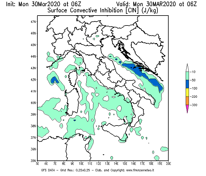 Mappa di analisi GFS - CIN [J/kg] in Italia
							del 30/03/2020 06 <!--googleoff: index-->UTC<!--googleon: index-->
