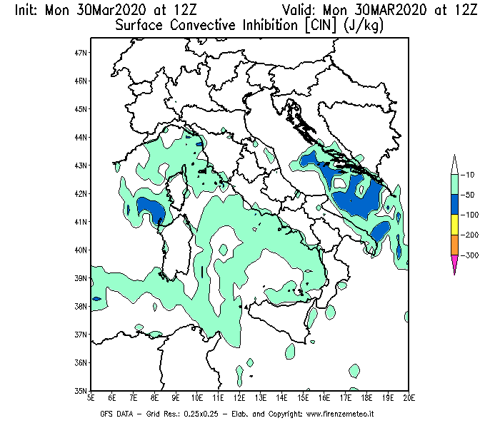 Mappa di analisi GFS - CIN [J/kg] in Italia
							del 30/03/2020 12 <!--googleoff: index-->UTC<!--googleon: index-->