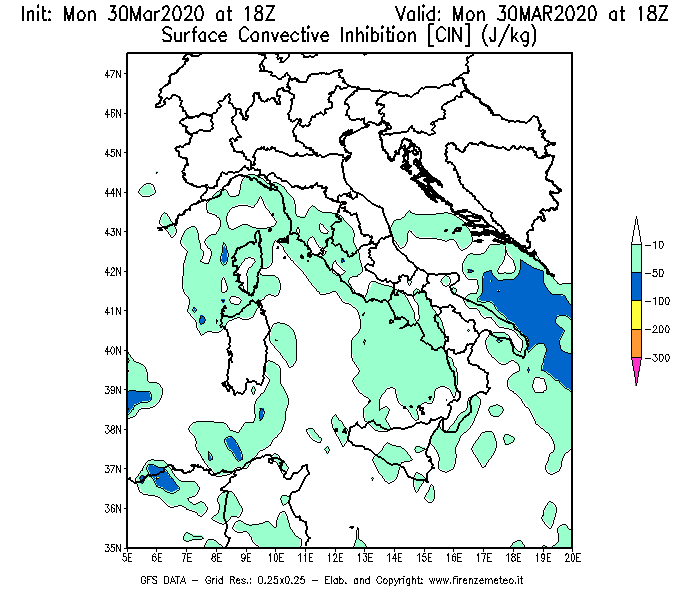 Mappa di analisi GFS - CIN [J/kg] in Italia
							del 30/03/2020 18 <!--googleoff: index-->UTC<!--googleon: index-->