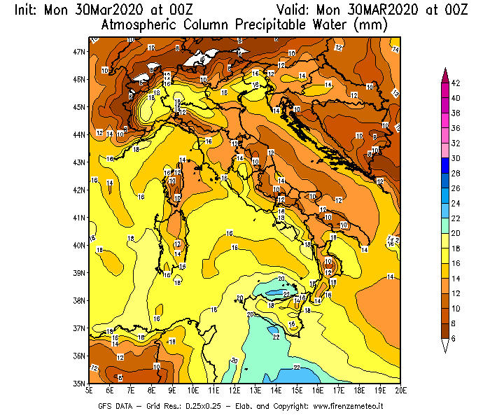 Mappa di analisi GFS - Precipitable Water [mm] in Italia
							del 30/03/2020 00 <!--googleoff: index-->UTC<!--googleon: index-->